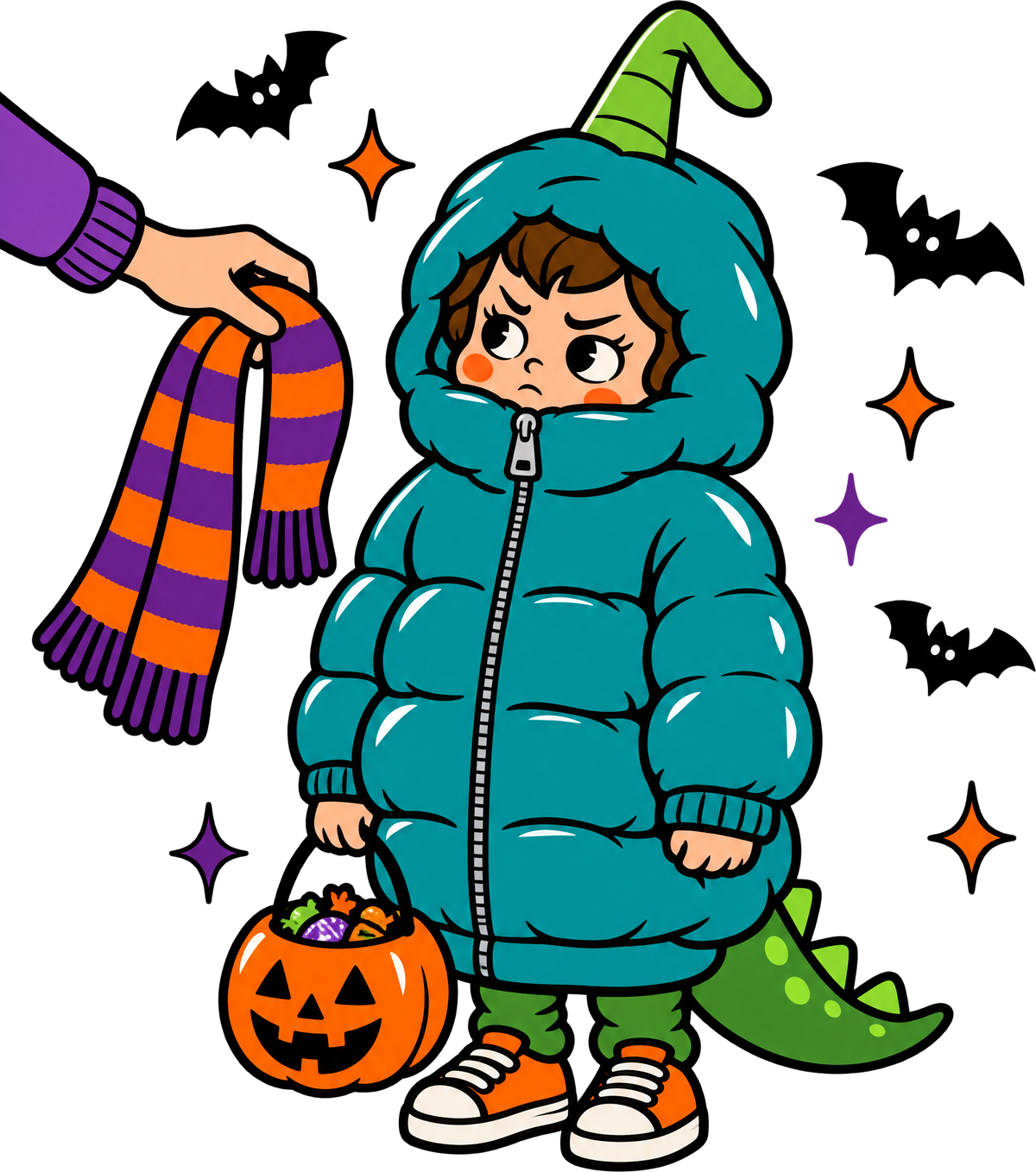 Cartoon kid in a dragon costume zipped into a giant puffer coat while a mom offers a scarf